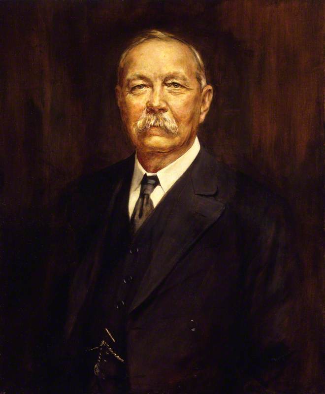 Oil painting of Sir Arthur Conan Doyle in a suit with a dark red background