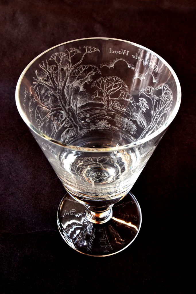 Glass goblet carved with images of Rushpole Wood